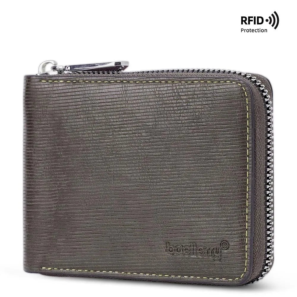 Leather-style anti-theft credit card wallet with zipper closure in black embossed design