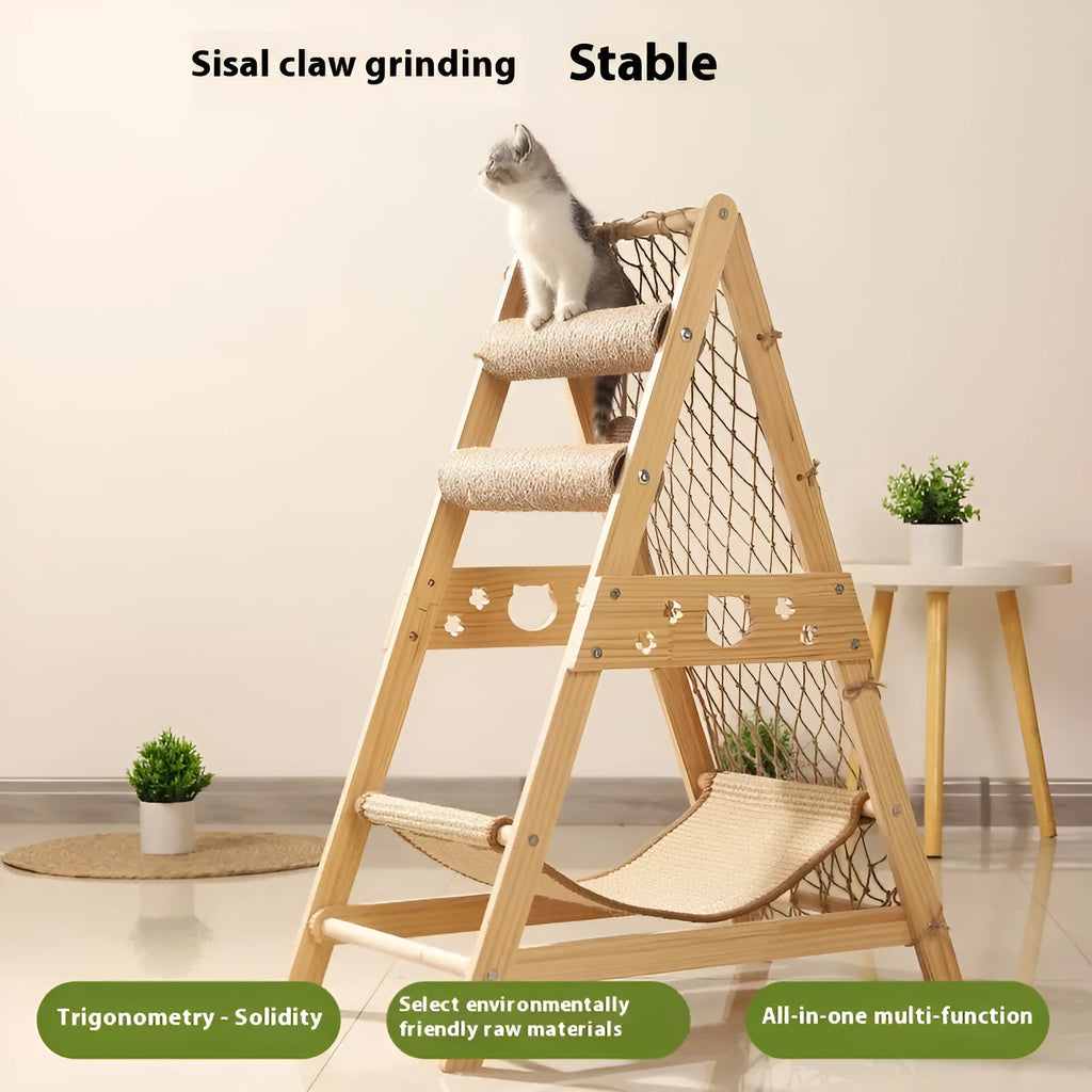 Creative Home solid wood cat climbing frame with sisal climbing net and space capsule in simple style