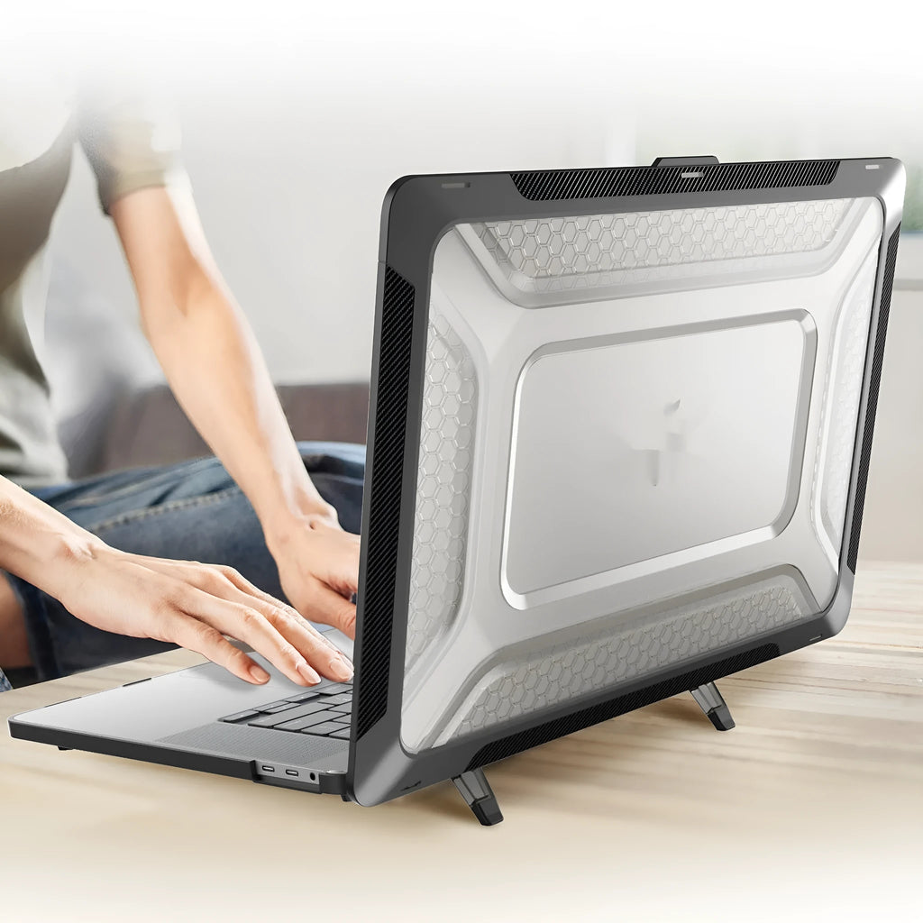 MacBook protective case in four colour options: cold black, grey, apricot, and blue.
