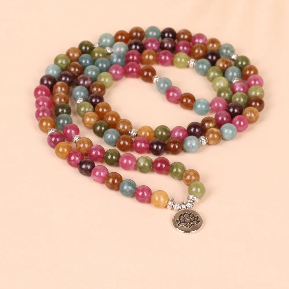 108-bead multi-layer bracelet with lotus hanging design in tourmaline-coloured alloy