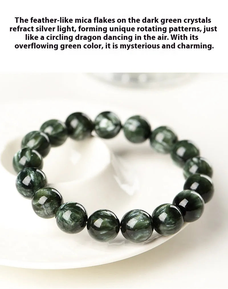 Green Dragon Crystal bracelet with round beads and a ruyi decorative motif.