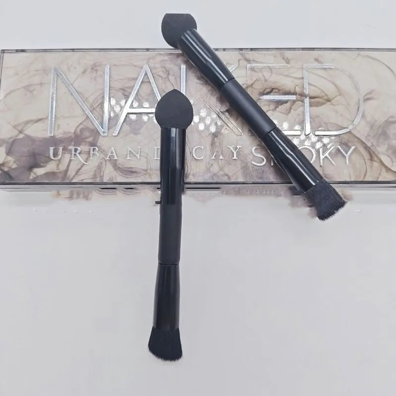 Black wooden handle dual-ended concealer brush with sponge stick tip for dark circles