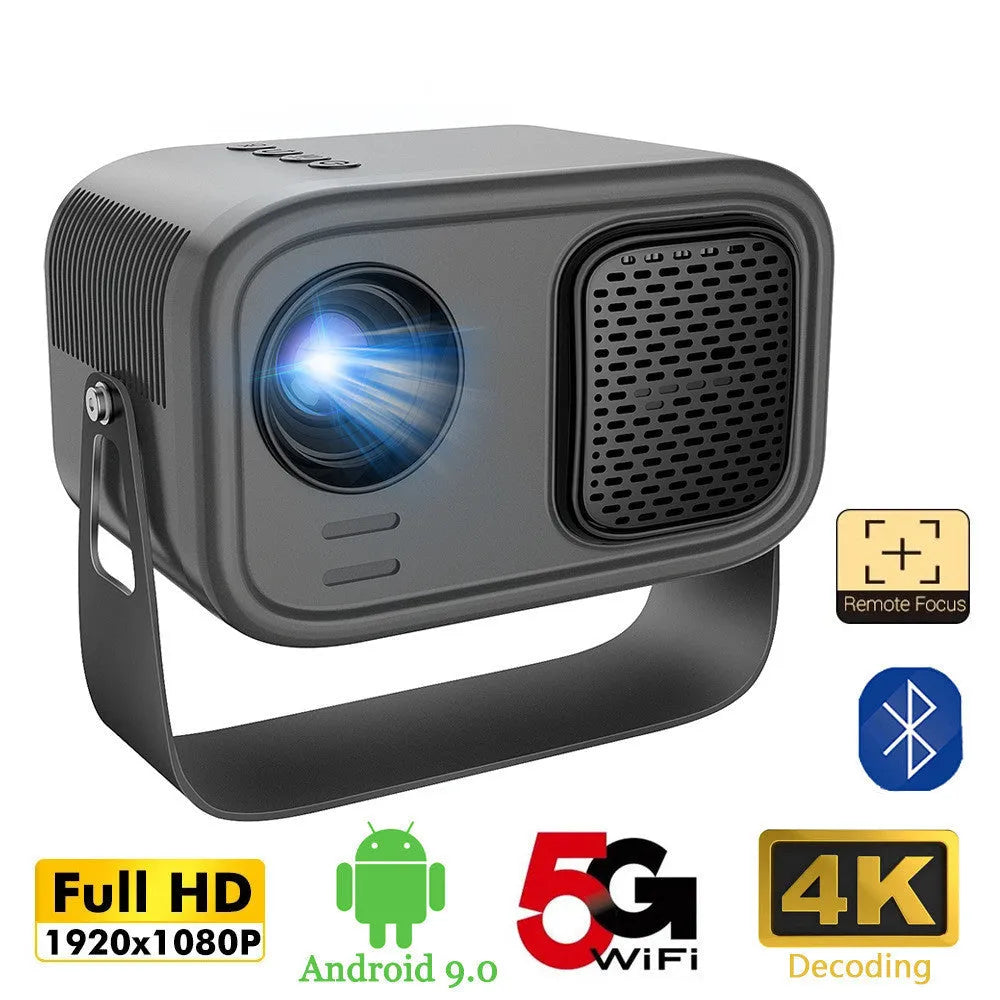 Black portable HD projector with remote control and international plug adapters
