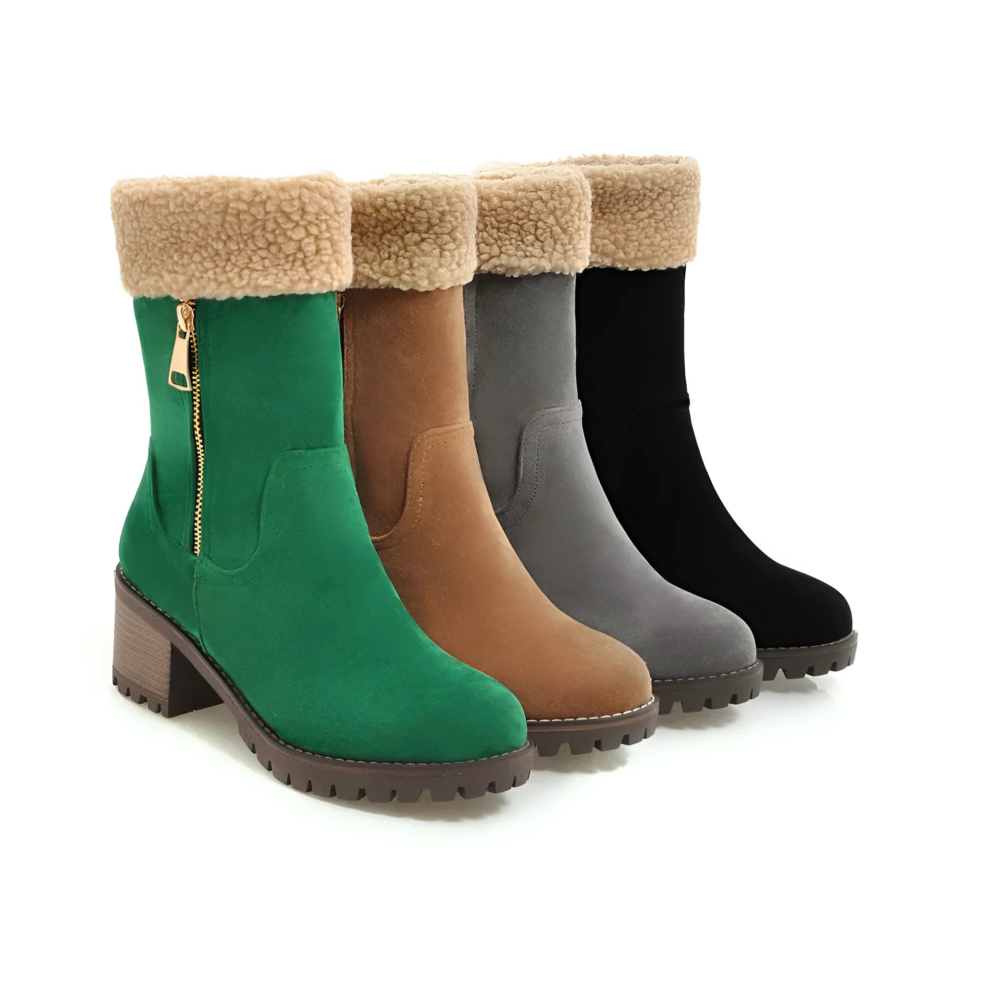 A pair of snow boots with a rubber sole and plush lining, shown in one of four available colours.