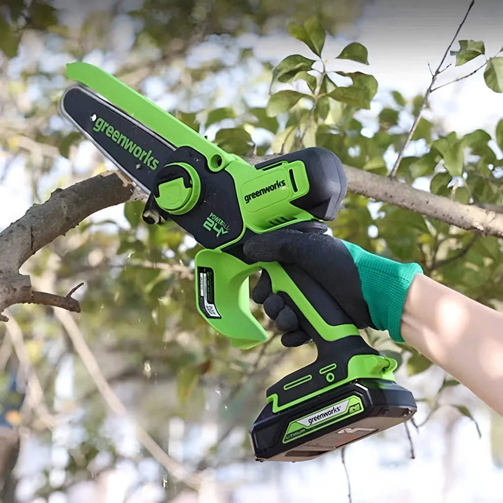 6-inch cordless electric chainsaw with 24V lithium battery, two batteries and a charger