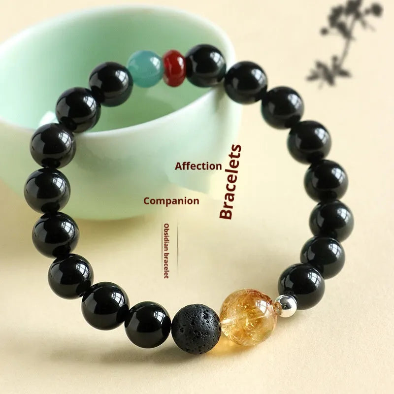 Chinese obsidian yellow tower crystal bracelet with agate jade beads, 8mm or 10mm size option, natural stone jewelry