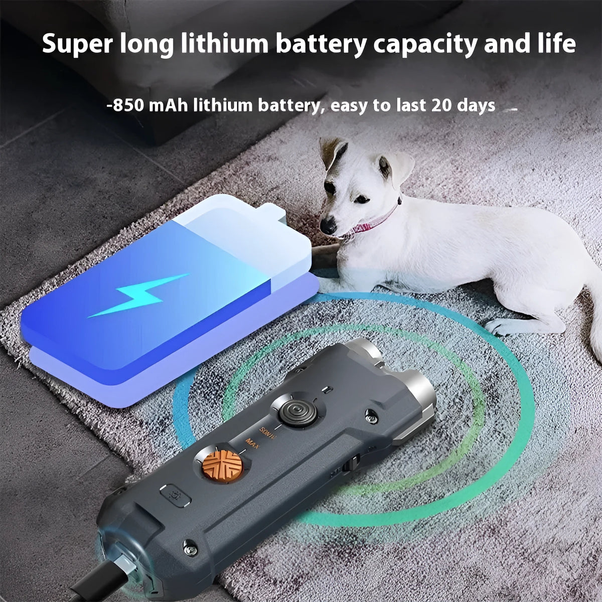 Grey high-power ultrasonic dog repellent with ABS shell and hanging rope