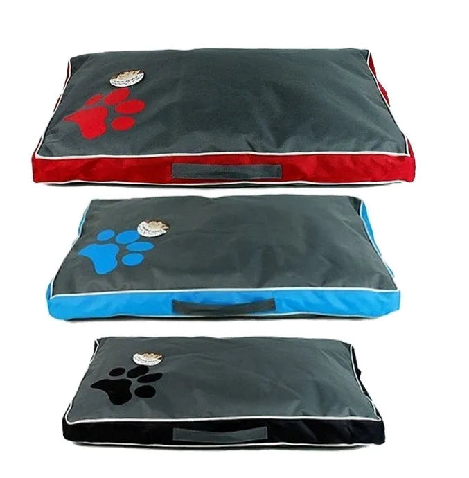 Waterproof Oxford cloth pet nest bed with removable washable cover, non-slip bottom, in red, blue or black.
