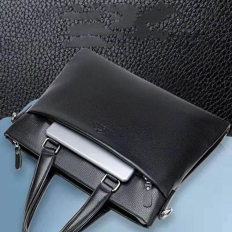 Men's black and brown PU leather shoulder messenger bag with splicing design showing 35x30cm dimensions