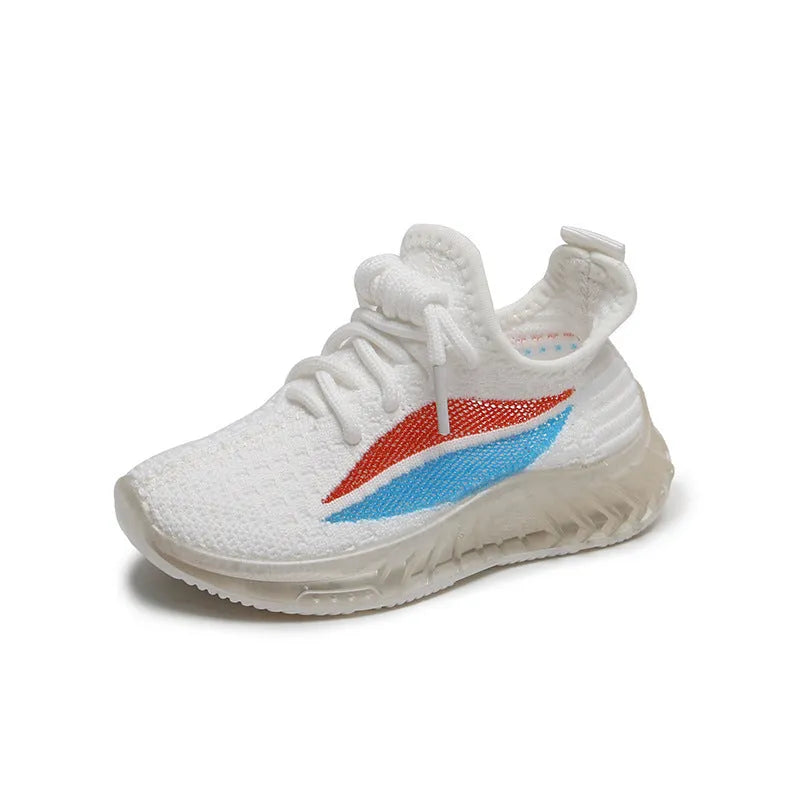 Children's white woven mesh sports shoes with rubber sole, side view on light background