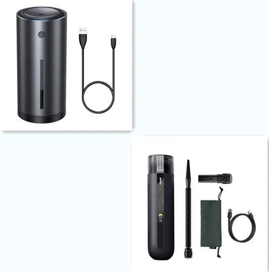 Compact handheld wireless car vacuum cleaner in black, white, or green, showing suction nozzle and blowing hose.