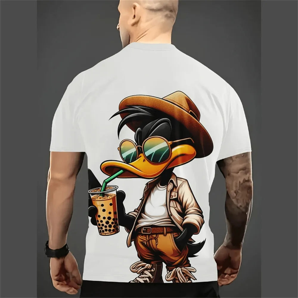 Men's loose fit t-shirt with 3D cartoon print on linen milk silk fabric