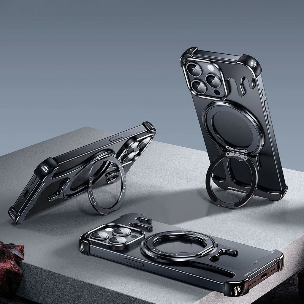 Liquid metal phone case with magnetic rotating bracket for Apple iPhone in Gentlemans black