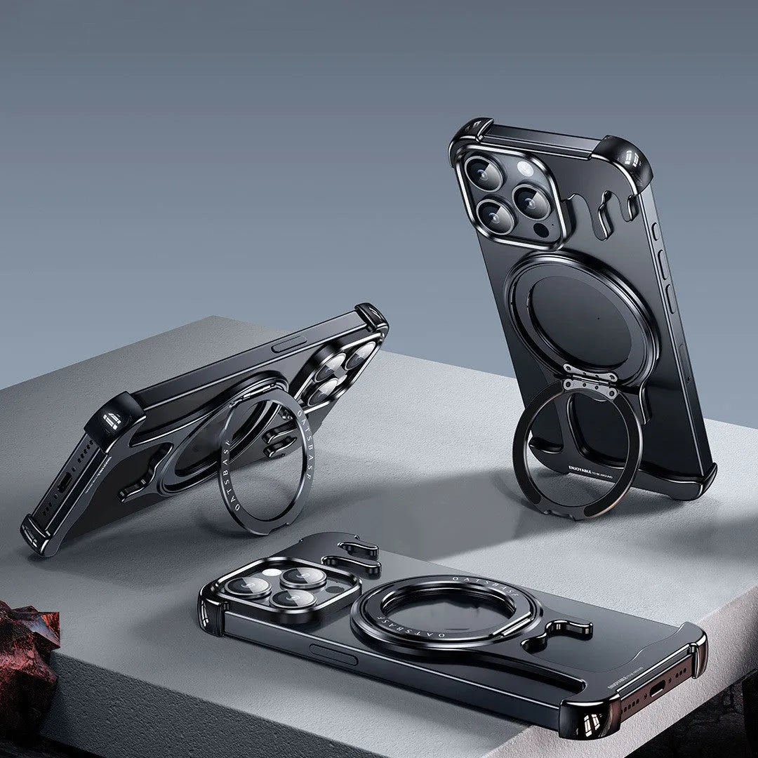 Liquid metal phone case with magnetic rotating bracket for Apple iPhone in Gentlemans black