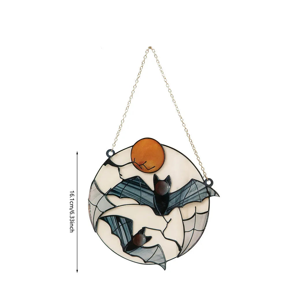 Moon bat decorative acrylic pendant with engraved and printed bat design on clear background, 15.3cm x 15cm