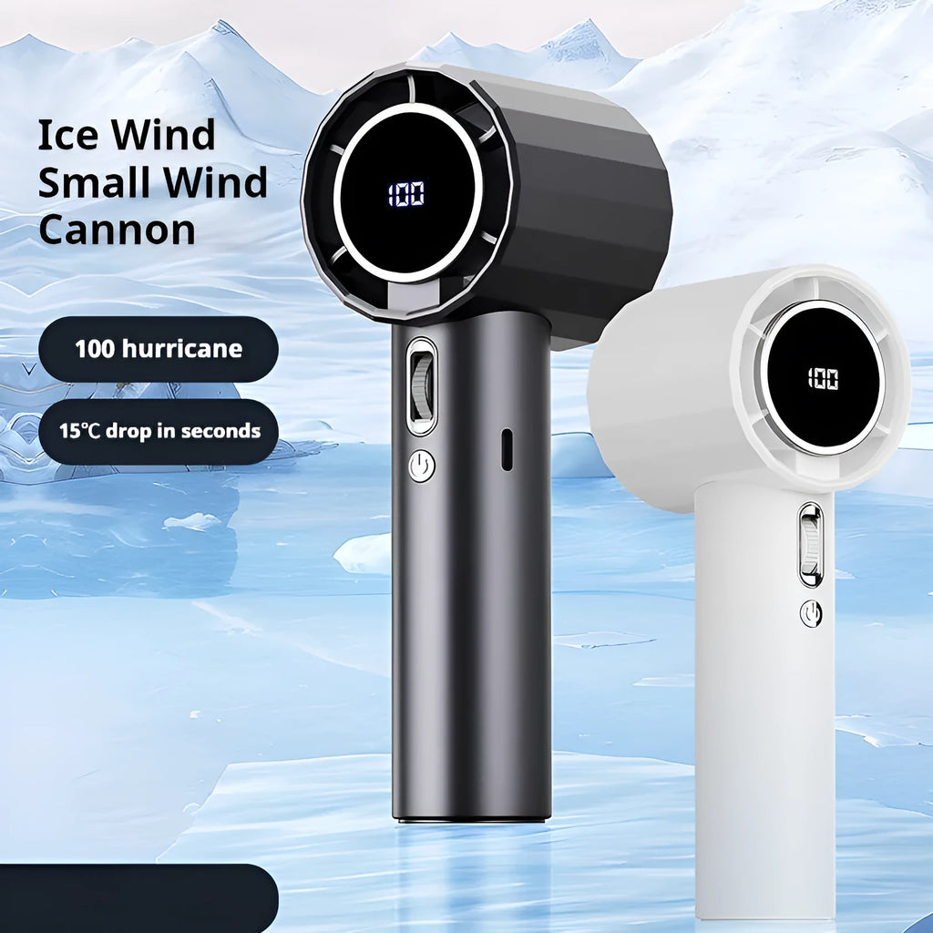 Handheld bladeless mini fan with digital display in grey, white, or pink, USB powered, with hundred gear speed control.