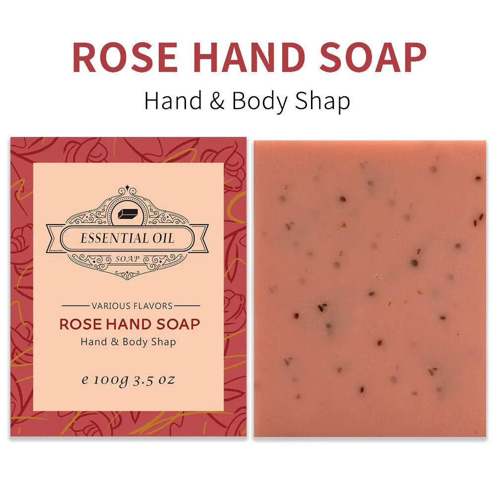 Handmade frosted essential oil soap bar on a bathroom surface, showing its textured finish.