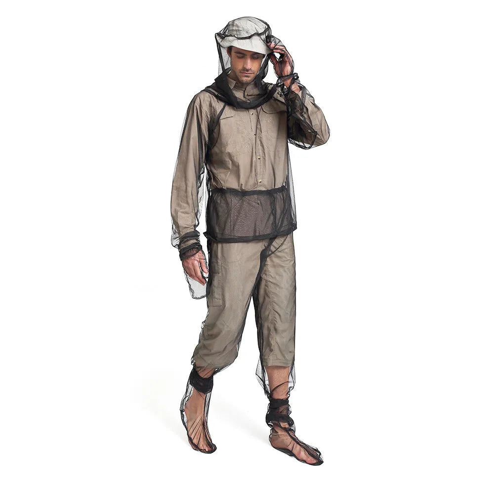 Anti mosquito camping suit four-piece set with canopy hood and breathable mesh fabric for outdoor activities