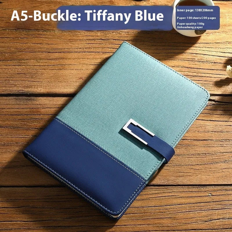 A5 leather notebook in choice of colours with gift box, open to show wood-free paper.