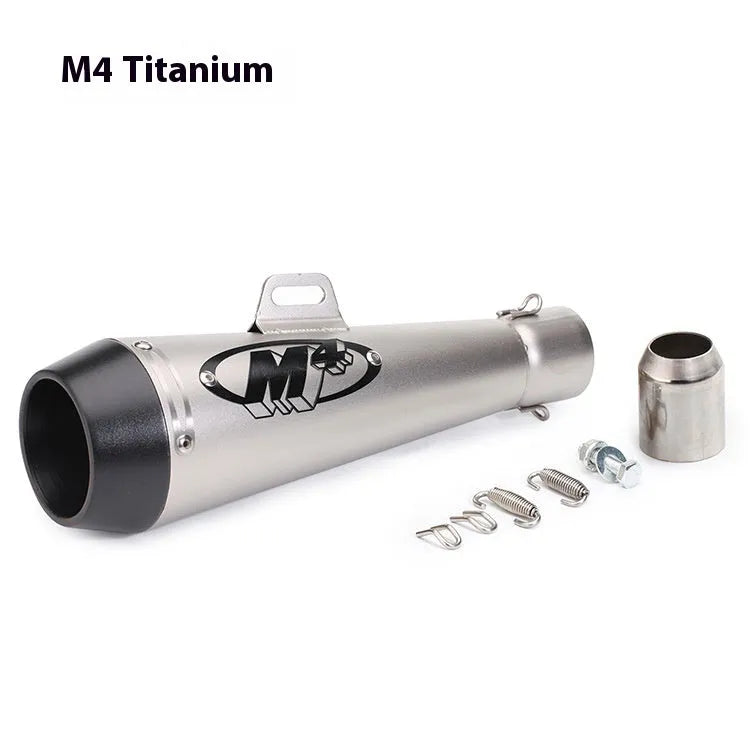 Universal M4 motorcycle exhaust pipe in multiple finish options including black, white steel, titanium and blue