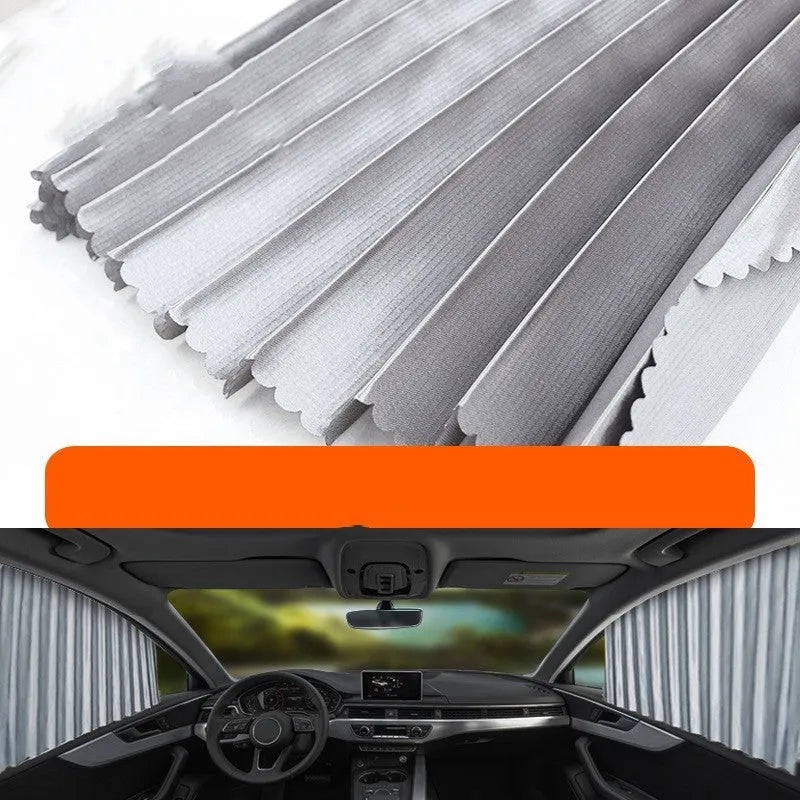 Retractable car sunshade curtain with roller shutter mechanism in thick opaque cloth material