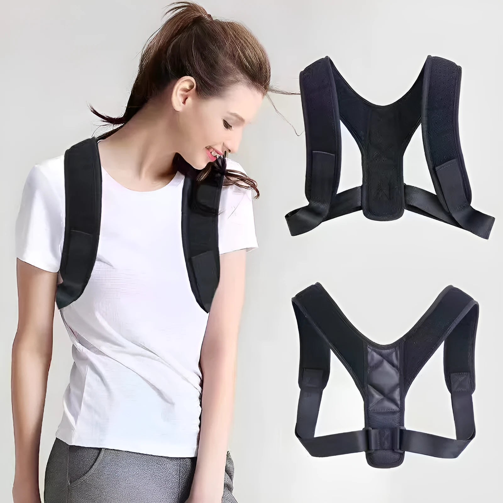 Babaka style nylon back correction posture support belt on a white background.
