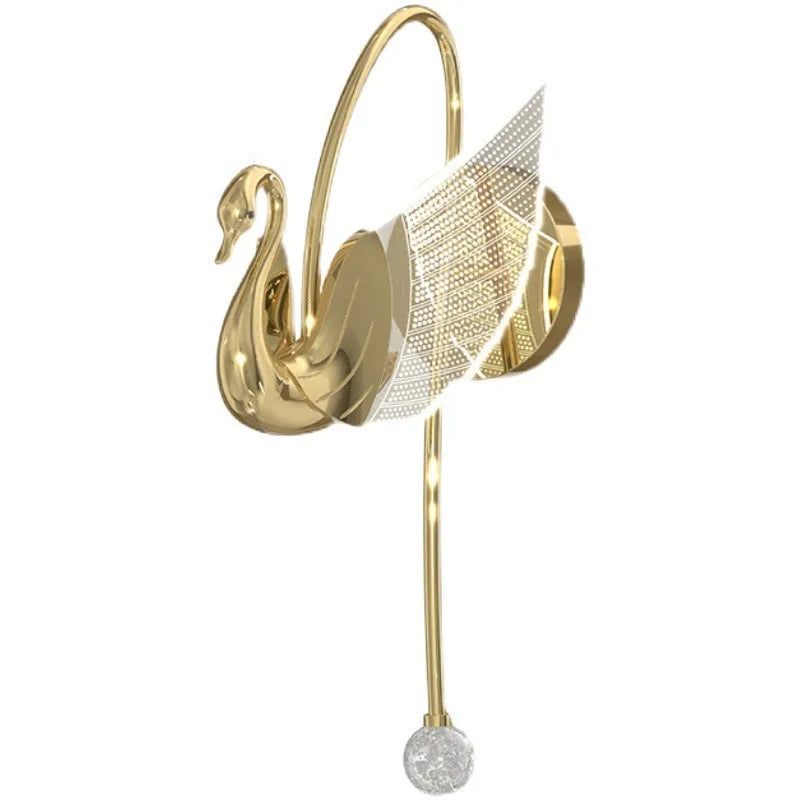 Modern minimalist gold swan-shaped LED wall lamp for bedside lighting.