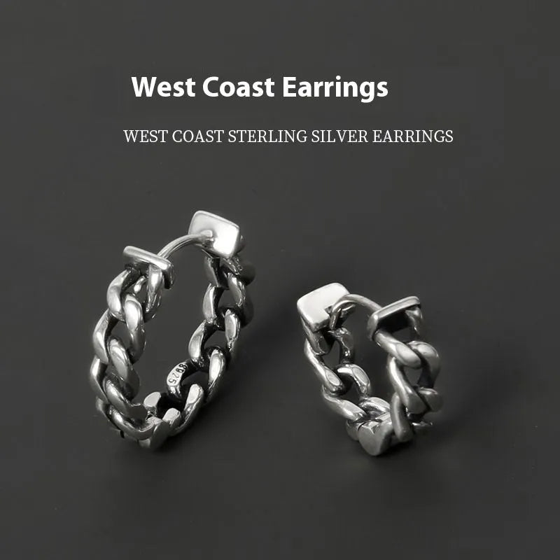 Men's geometric copper earring in silver, shown in single and pair configurations at 10mm and 14mm sizes.