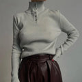 Women's slim fit retro breasted half turtleneck pullover sweater in silver grey or rice apricot