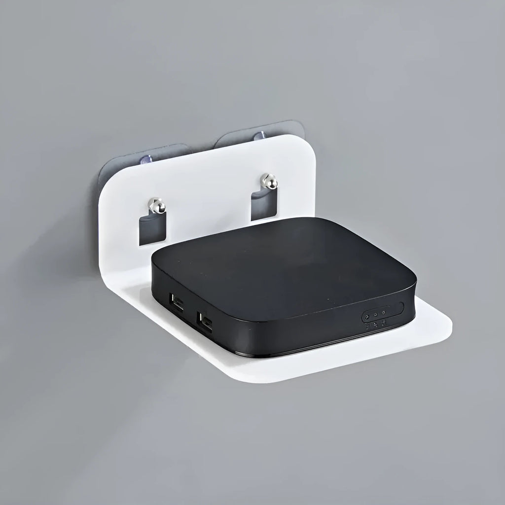 Acrylic right angle camera shelving bracket in black, 13.5x11.5x5.5cm, for no-drill wall mount