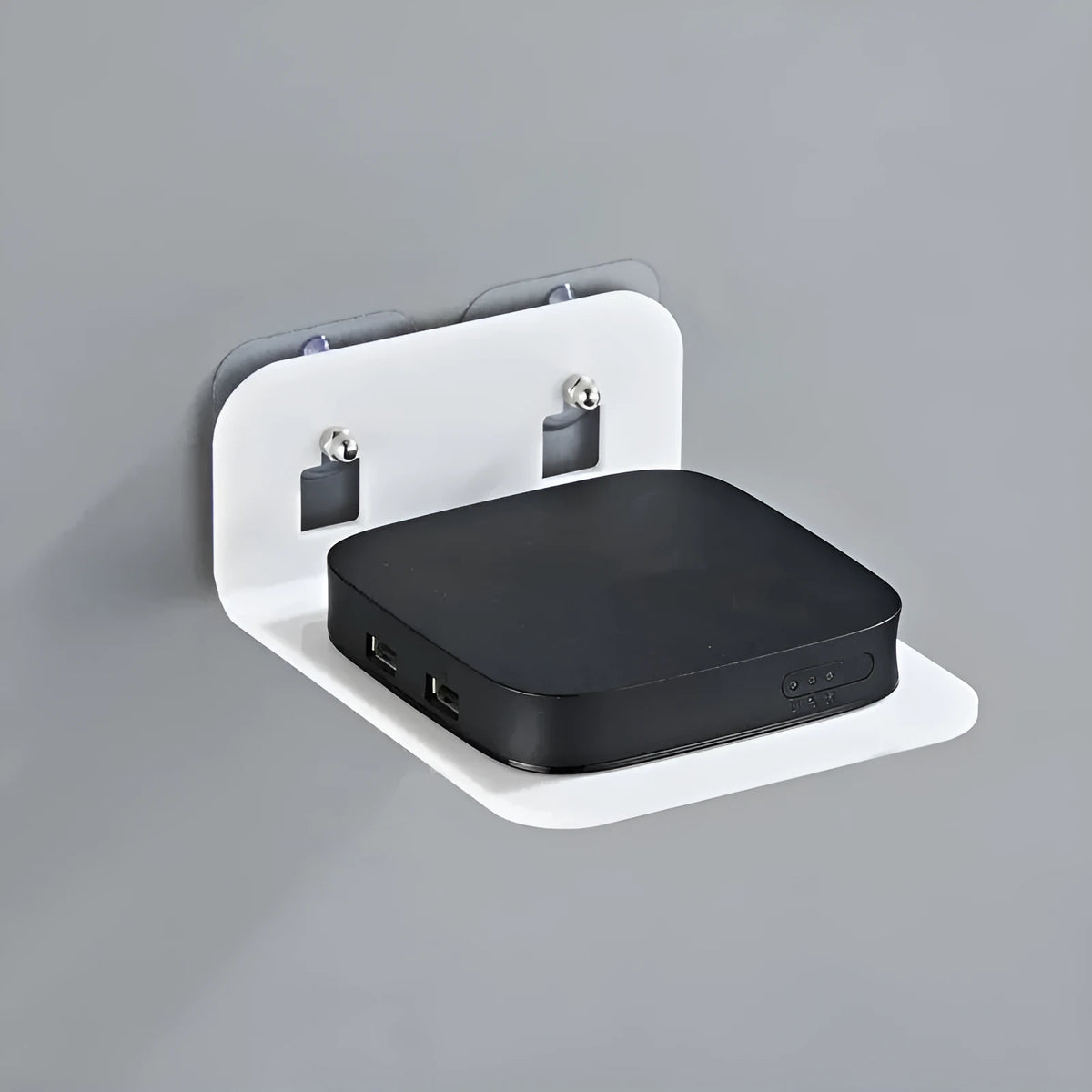 Acrylic right angle camera shelving bracket in black, 13.5x11.5x5.5cm, for no-drill wall mount