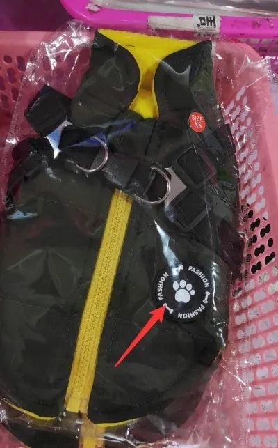 Dog zipper jacket with front zipper and leash harness opening in black