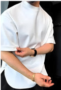 White men's buttoned cotton t-shirt with a dropped shoulder design and curved round hem.