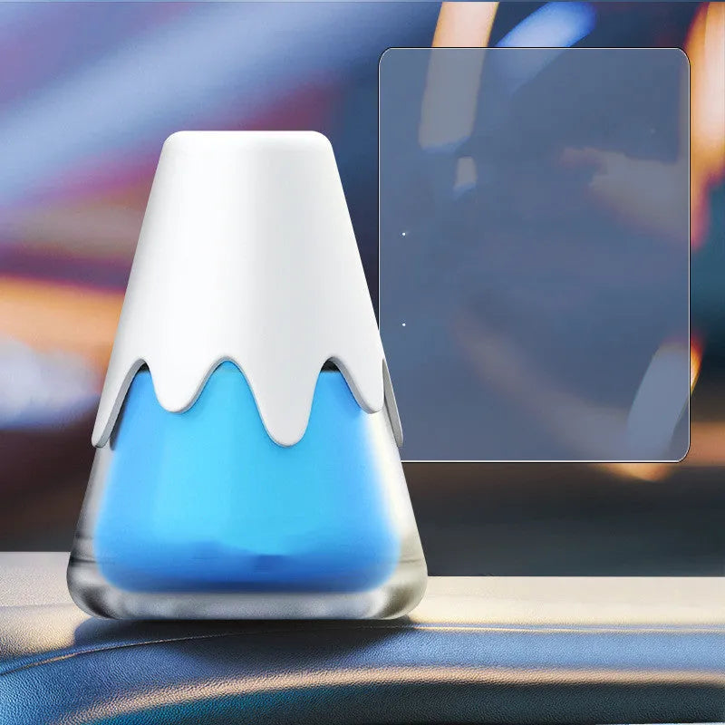 Snow Mountain Cup glass car aromatherapy unit measuring 9.1x6.9cm with four fragrance colour options