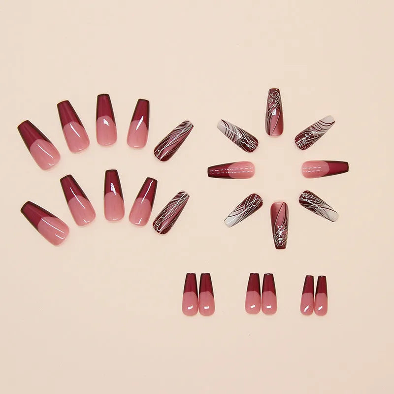 French line pattern fake nails with adhesive in 24-piece set