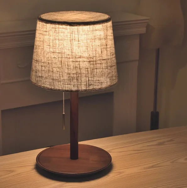 Walnut solid wood bedside table lamp with fabric shade and cable switch