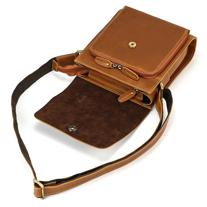 Men's dark brown first layer cowhide leather shoulder bag with crossbody strap