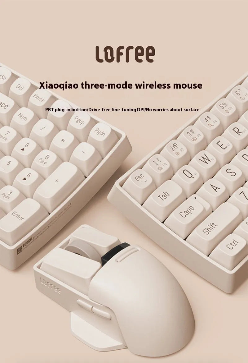 Tofu colour ergonomic wireless mouse shown with USB receiver and USB-C charging cable on a desk.