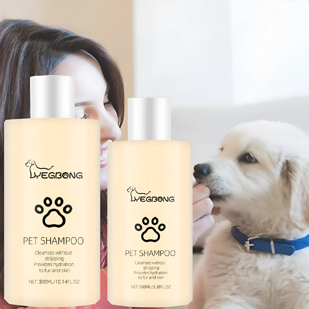 Bottle of mild dog shampoo for soft, tangle-free hair in 100ml and 300ml sizes