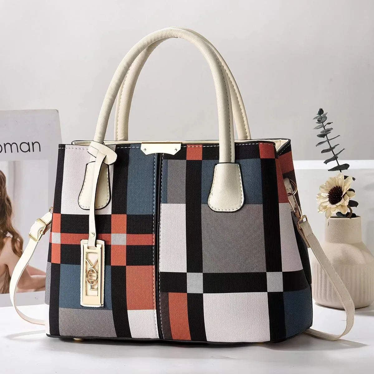 PU fashion shoulder handbag with leather strap in horizontal square design showing colour options