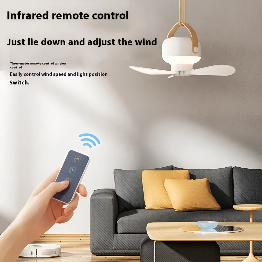 Rechargeable camping tent ceiling fan with remote control and night light on a 3-metre wire bracket.