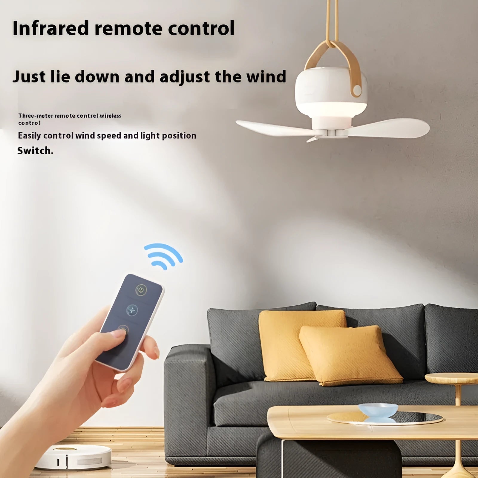 Rechargeable camping tent ceiling fan with remote control and night light on a 3-metre wire bracket.