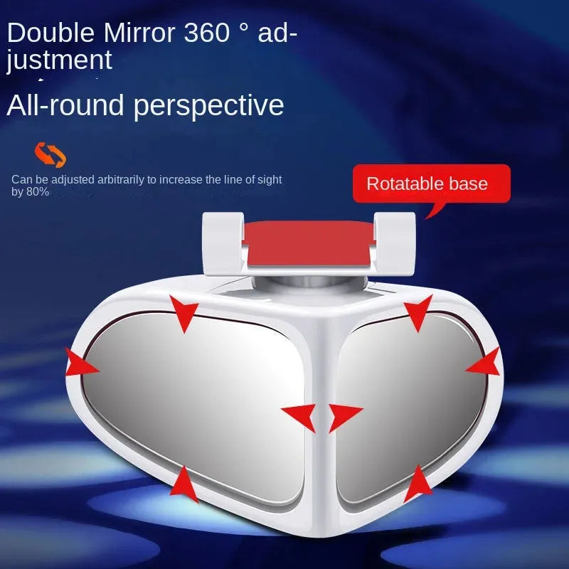 A pair of round, adjustable wide-angle car mirrors with adhesive backing, shown in assorted colours.