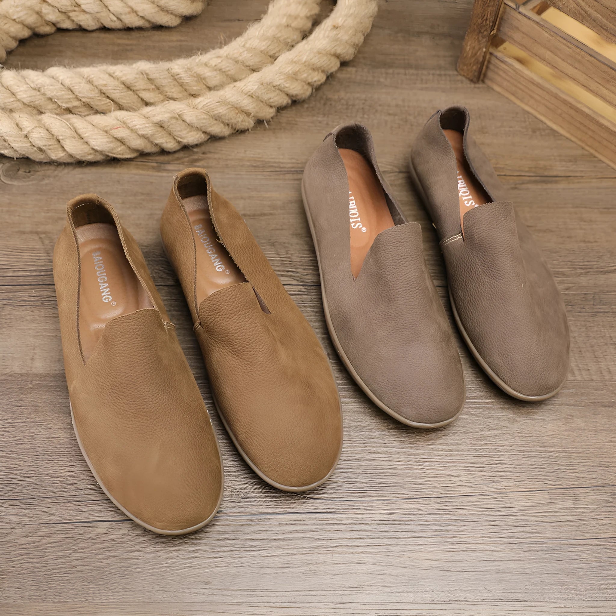 Men's handmade casual shoes in soft cowhide leather with wedge sole, shown in khaki colour