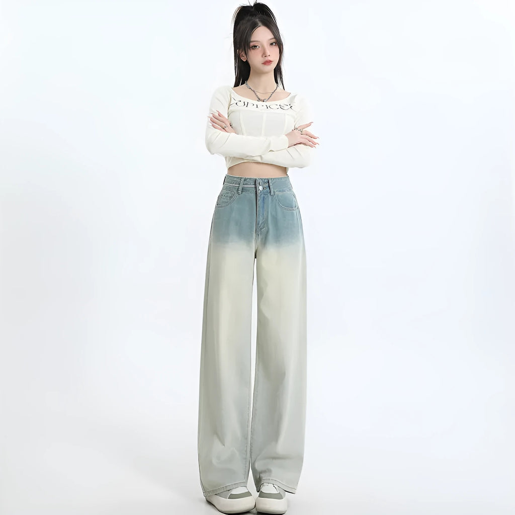 Women wearing HS 975 gradient blue straight-leg wide leg denim trousers.