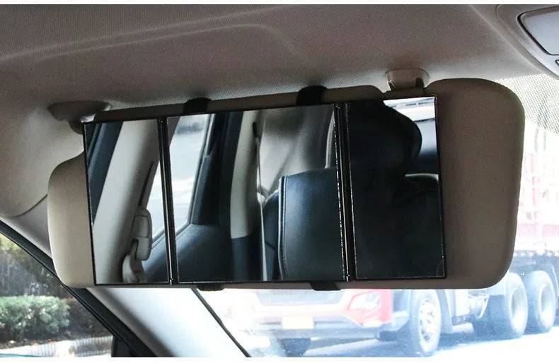 Silver car folding makeup mirror shown closed at 15.5cm and open at 30.5cm width.
