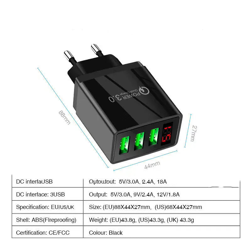 Black LED USB charger with Qualcomm Quick Charge, universal compatibility for phones and tablets
