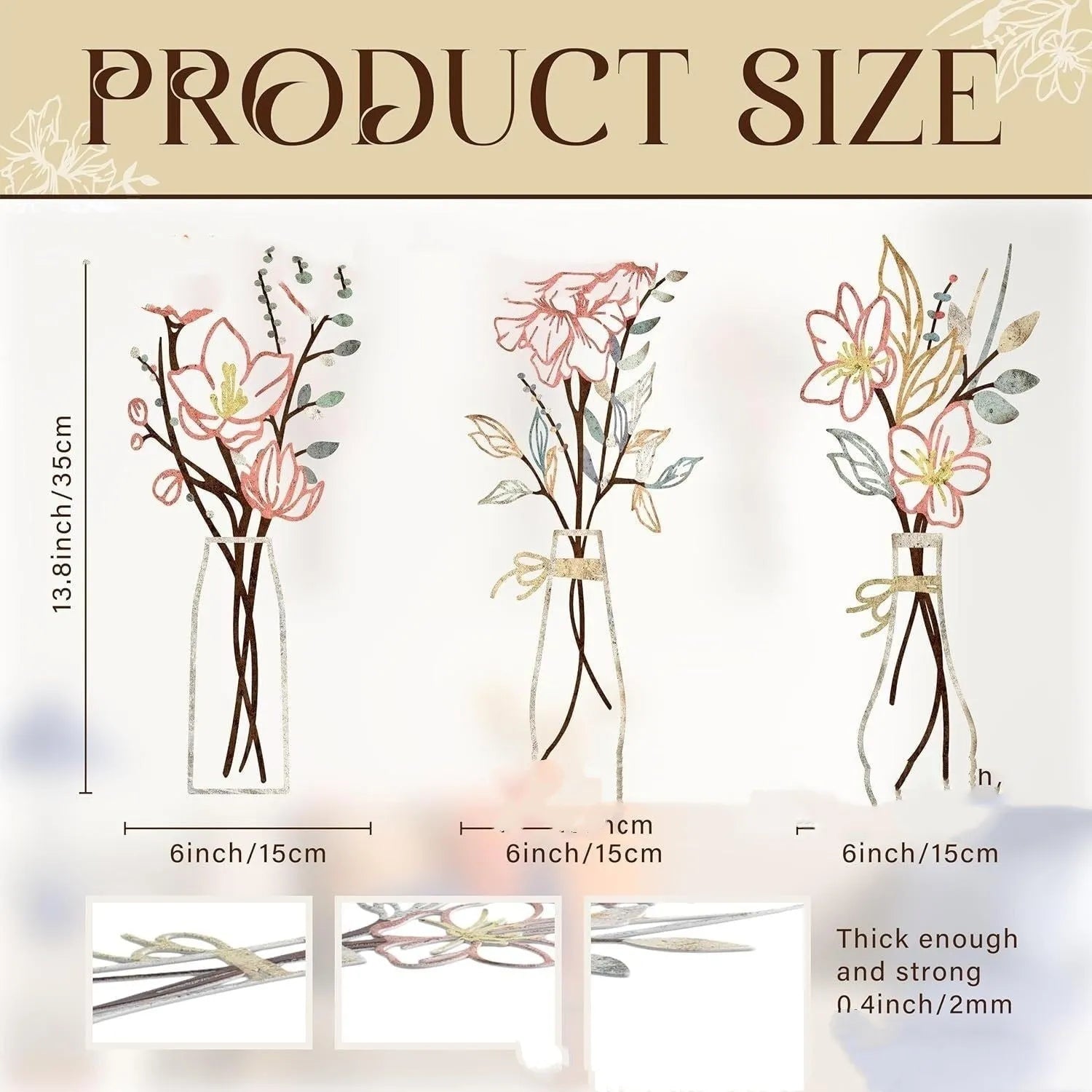 Set of three metal flower wall art pieces with colour vase accents on a white wall.