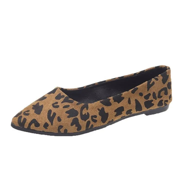 Women's leopard print flat pumps with pointed toe and low ankle strap