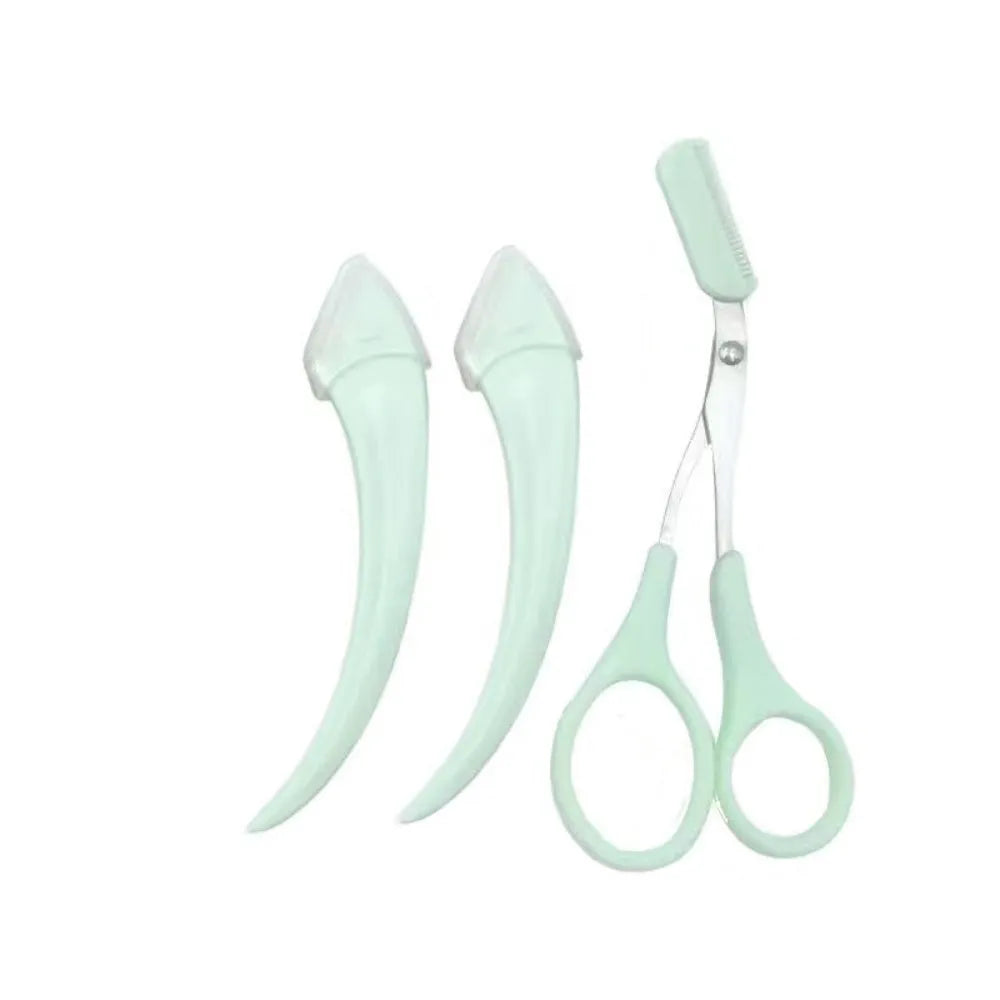 Curved moon shape eyebrow trimming knife with comb in white and pink colours